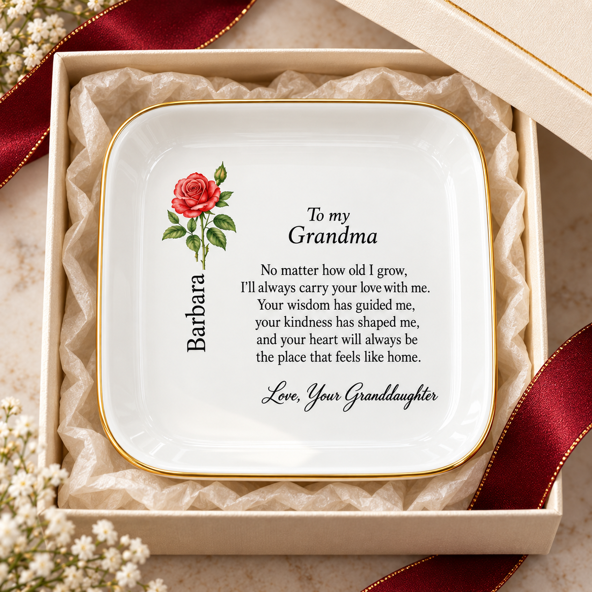 Grandma birth flower jewelry dish gift from Granddaughter – clean close-up view