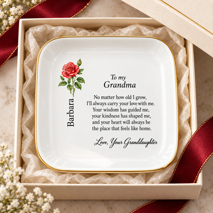 Grandma birth flower jewelry dish gift from Granddaughter – clean close-up view