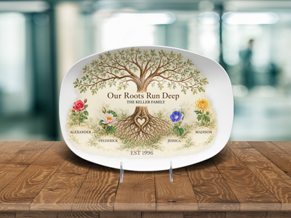 Birth flower family keepsake platter on a display stand