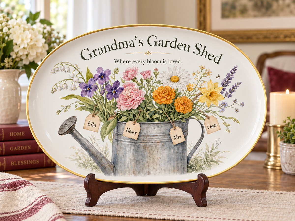 Grandma grandchildren-name platter in a premium home setting